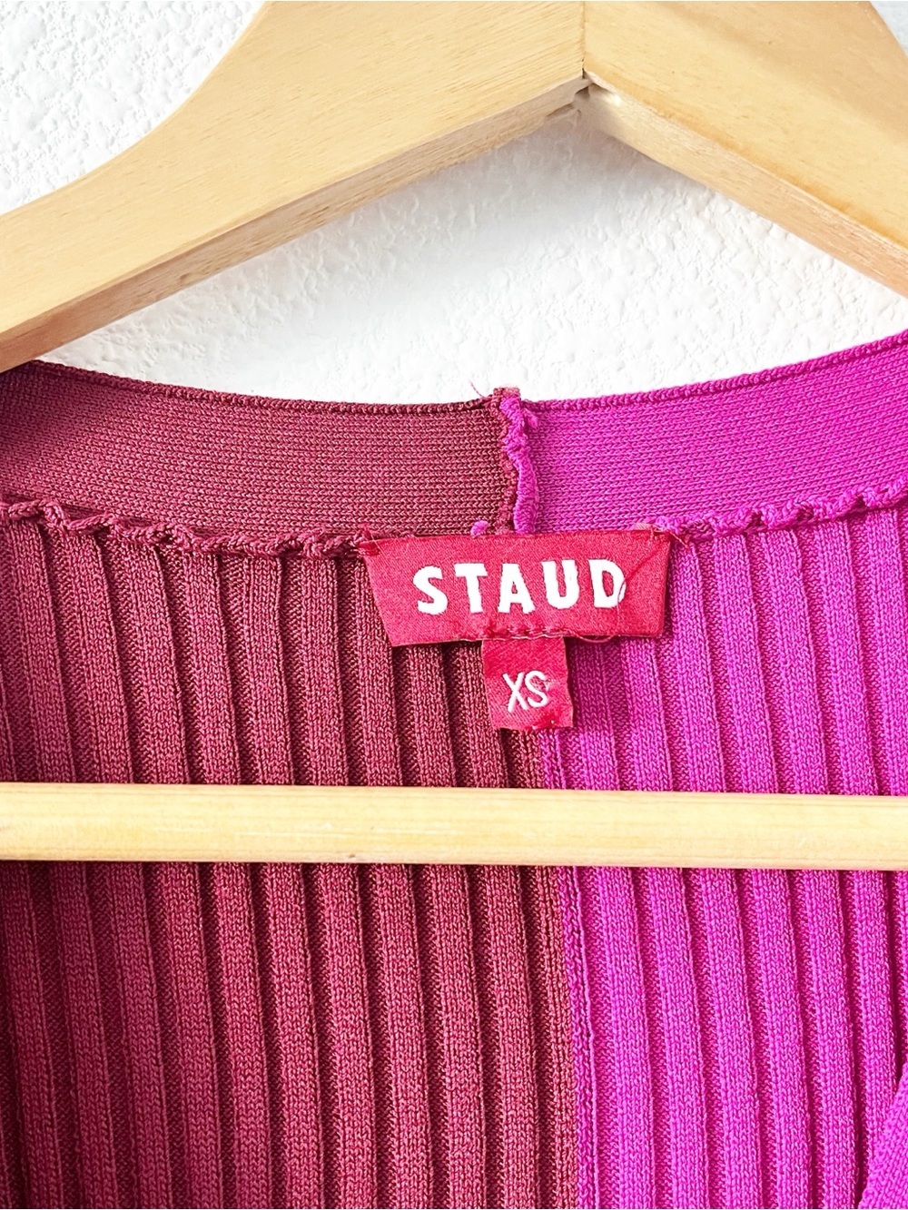 STAUD Shoko Colorblock Rib Knit Fuchsia Bordeaux Button Down Midi Cardigan Dress - Picture 4 of 9